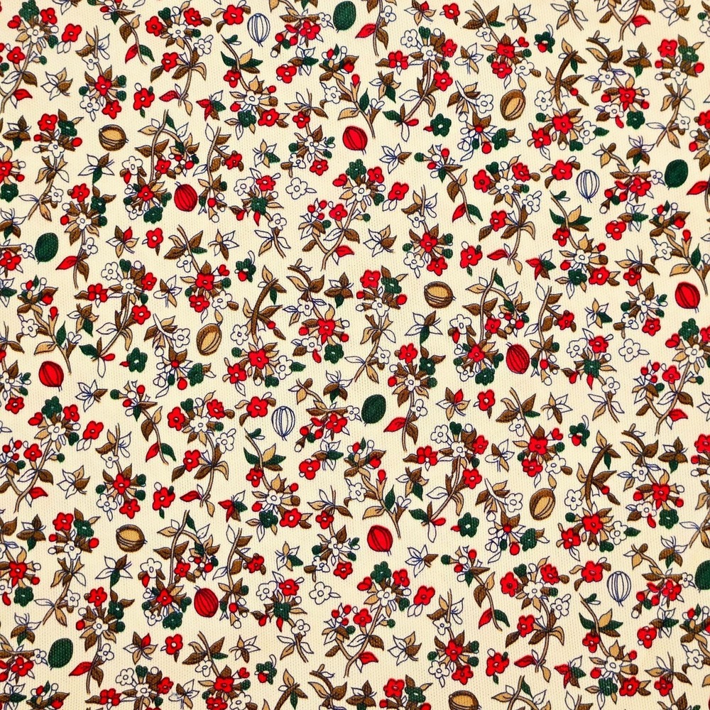 Vintage Ditsy Floral Polyester Knit Fabric 2.5 yds Cream Red Green Small Print